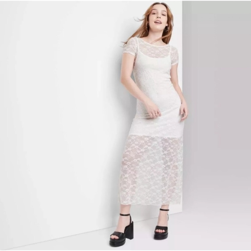 Wild Fable Women's Short Sleeve Maxi Dress, White Lace